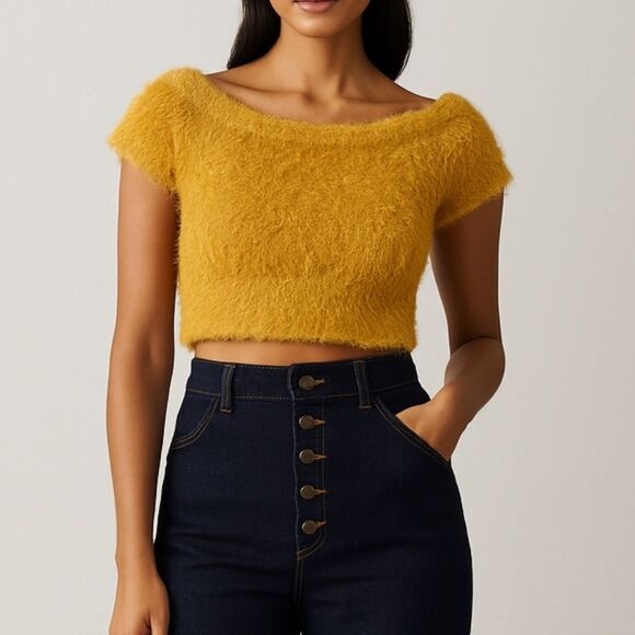 Timing Cap Sleeve Cropped Fuzzy Sweater S - Picture 1 of 4